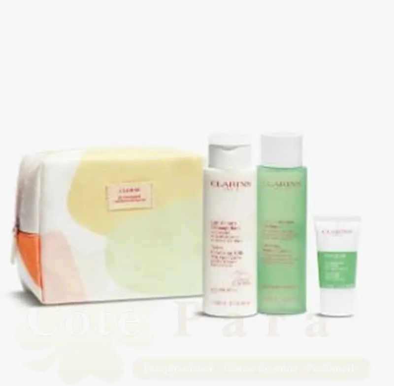CLARINS COFFRET ESSENTIELS DEMAQUILLAGE PEAUX MIXTES A GRASSES  (LAIT+LOTION+EXFOLIANT)