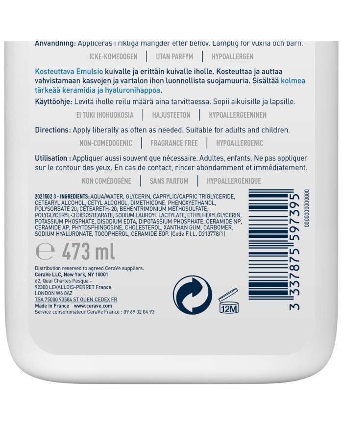 CERAVE LAIT HYDRATANT PEAUX SECHES A TRES SECHES 473 ML
