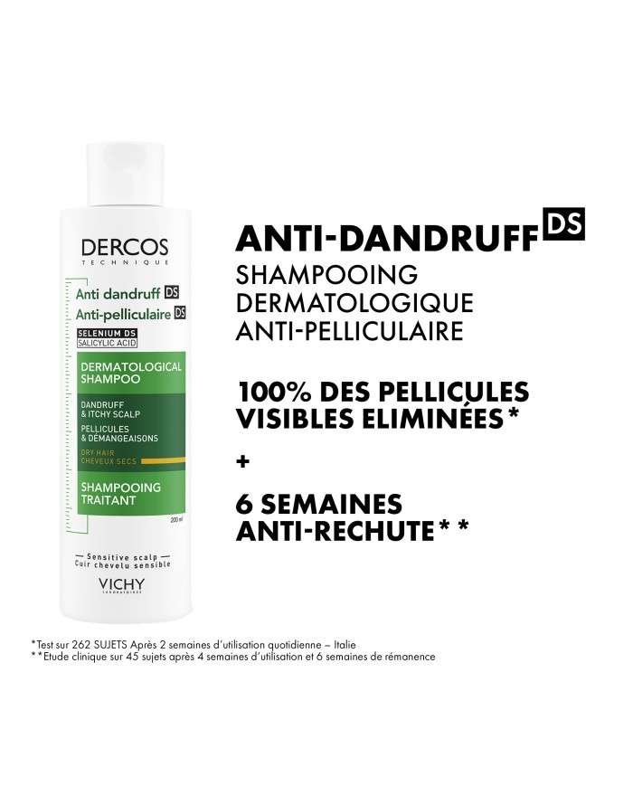 VICHY DERCOS OFFRE SHAMPOING ANTI PELLICULAIRE DS CHEVEUX SECS 200 ML + SHAMPOING FORMAT VOYAGE 50 ML OFFERT