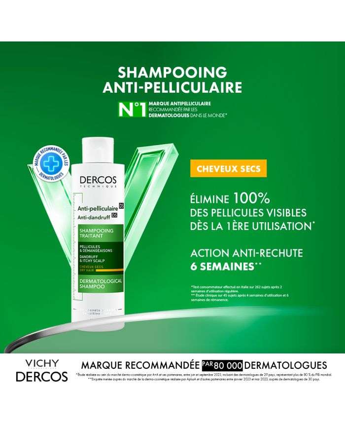 VICHY DERCOS OFFRE SHAMPOING ANTI PELLICULAIRE DS CHEVEUX SECS 200 ML + SHAMPOING FORMAT VOYAGE 50 ML OFFERT