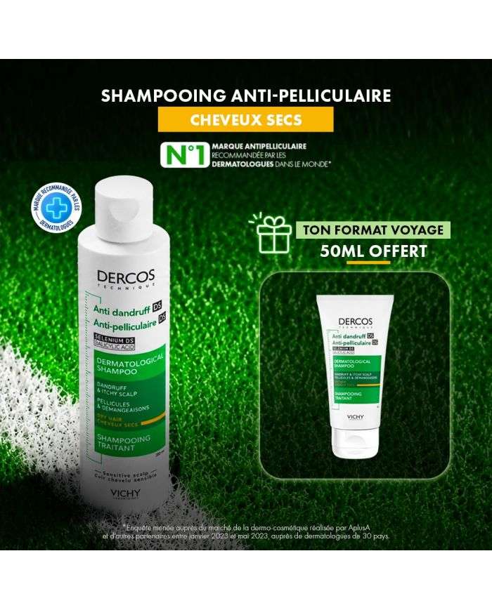 VICHY DERCOS OFFRE SHAMPOING ANTI PELLICULAIRE DS CHEVEUX SECS 200 ML + SHAMPOING FORMAT VOYAGE 50 ML OFFERT