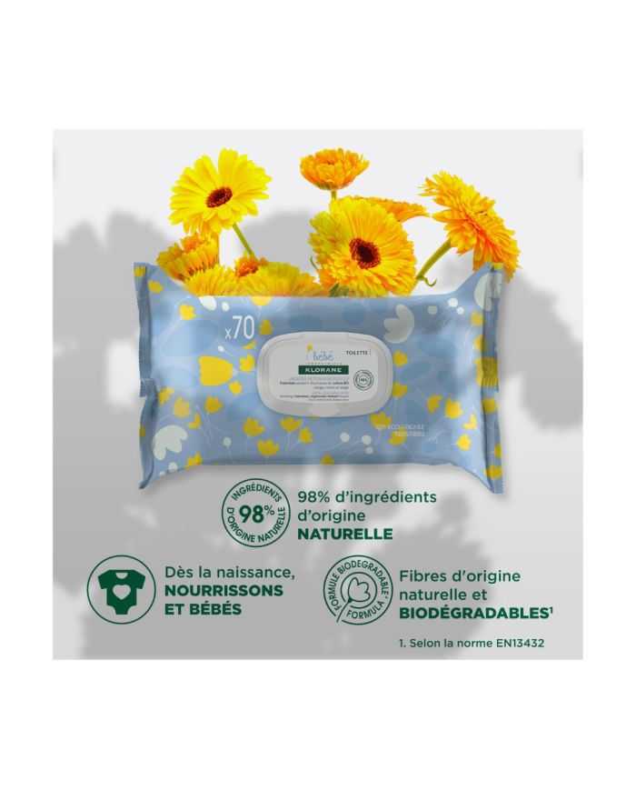 KLORANE BEBE LINGETTES NETTOYANTES POUR LE CHANGE BOITE DE 70
