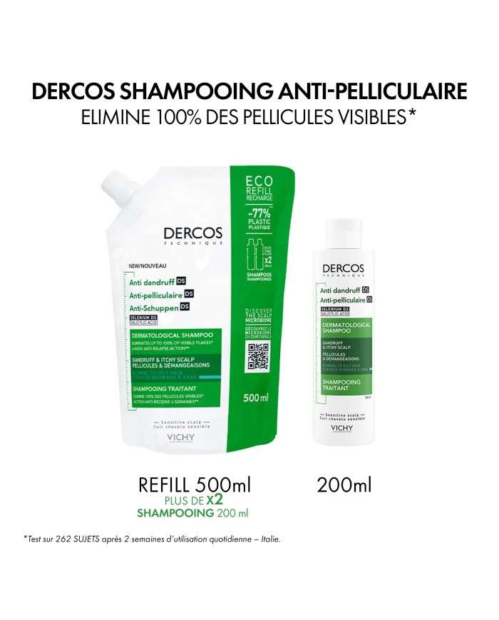 VICHY DERCOS SHAMPOOING ANTI PELLICULAIRE CHEVEUX NORMAUX A GRAS 200 ML + SHAMPOING FORMAT VOYAGE 50 ML OFFERT