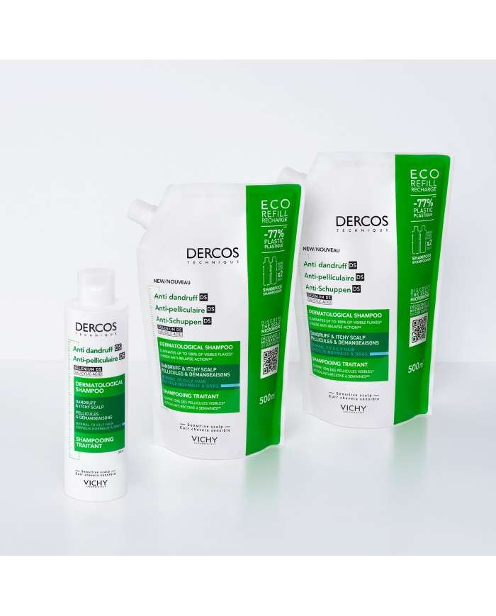 VICHY DERCOS SHAMPOOING ANTI PELLICULAIRE CHEVEUX NORMAUX A GRAS 200 ML + SHAMPOING FORMAT VOYAGE 50 ML OFFERT