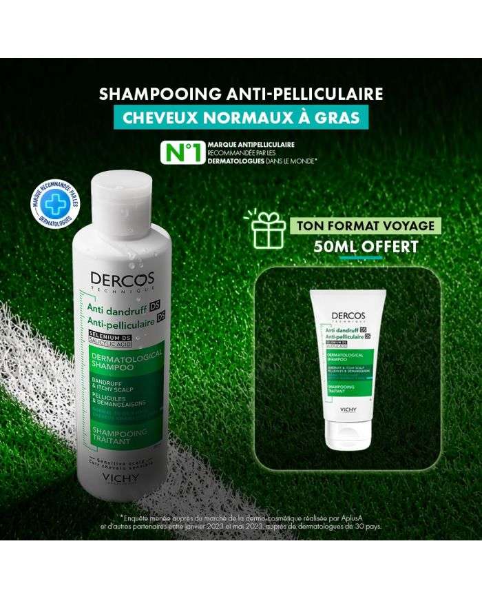 VICHY DERCOS SHAMPOOING ANTI PELLICULAIRE CHEVEUX NORMAUX A GRAS 200 ML + SHAMPOING FORMAT VOYAGE 50 ML OFFERT