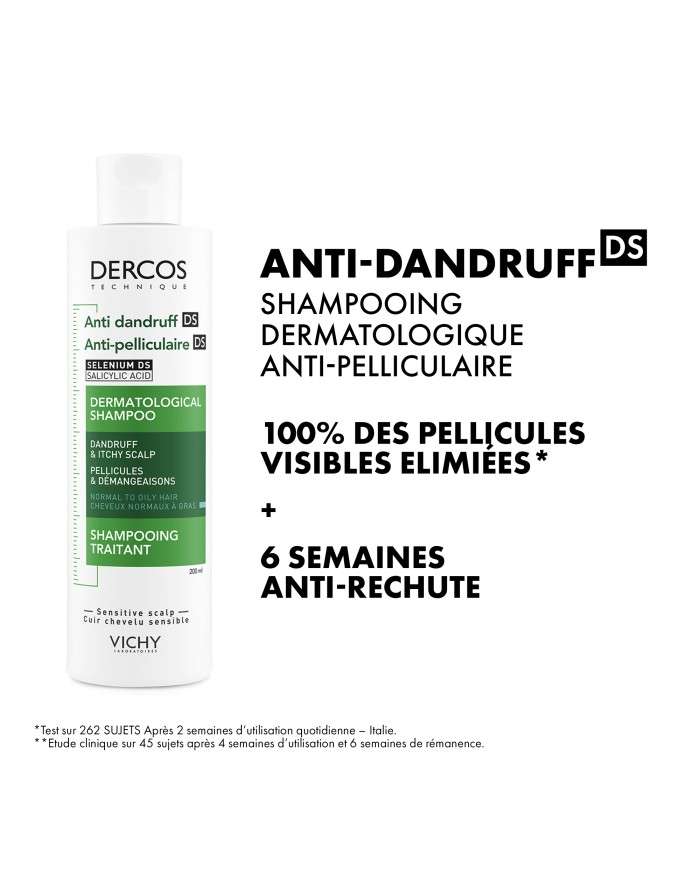 VICHY DERCOS SHAMPOOING ANTI PELLICULAIRE CHEVEUX NORMAUX A GRAS 200 ML + SHAMPOING FORMAT VOYAGE 50 ML OFFERT